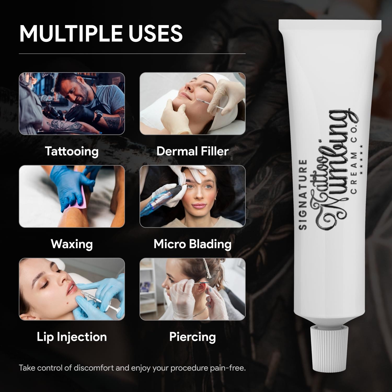 Signature tattoo numbing cream for multiple uses like tattooing, dermal filler, and piercing.