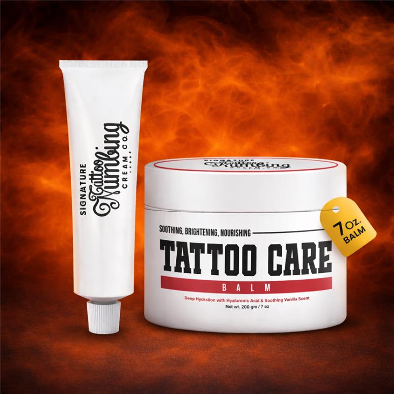 Signature Tattoo Before & Aftercare Duo – Numbing Cream (10g) + Healing Balm (7oz) for Comfortable Sessions & Vibrant Ink – Natural, Skin-Soothing Formula